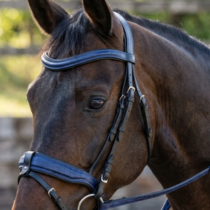 Bridon de luxe en cuir anatomique pour cheval, bleu marine, avec nezette et frontal ondulé en cuir gaufré crocodile, en acier inoxydable de haute qualité et néoprène - Product Image 2