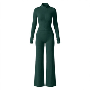 Combinaison de yoga pour femme, couleur personnalisable, col montant, manches longues, taille mi-haute, jambe évasée, extensible sans couture, longueur intégrale, ensemble 2 pièces, devant - Product Image 1