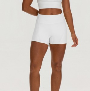 Shorts de yoga bleu uni taille haute asymétriques en maille respirante, infroissables, sans coutures, extensibles dans les quatre sens, en Spandex/Nylon - Product Image 2