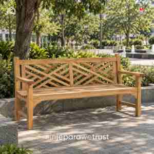Banc de jardin en teck massif, dossier décoratif en treillis, 3 places, pour hôtel, resort, villa, parc, mobilier de jardin - Product Image 1