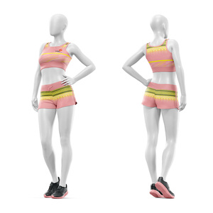 Ensemble de vêtements de yoga et de sport personnalisé en 2 pièces, haut court à col rond, short taille haute, imprimé géométrique, spandex, polyester, logo imprimé sur le devant - Product Image 4