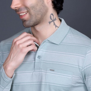 <b>Mens</b> Striped Long Sleeve <b>Polo</b> <b>Shirt</b> Mint Green Cotton Pique <b>Pocket</b> Collar Casual Top Apparel Manufacturer - Product Image 6