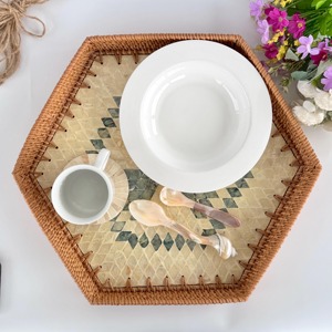 Handmade Rattan Mother of Pearl Tray <b>Decorative</b> Tray Eco Friendly Natural MOP Inlay Home <b>Kitchen</b> <b>Decorative</b> woven style tray - Product Image 3