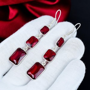 Pendientes Colgantes de Plata de Ley 925 con Tres Piedras de Granate Rojo de Alta Calidad RUHAN GEMS ER-0349, Joyería con Gemas Facetadas - Product Image 4