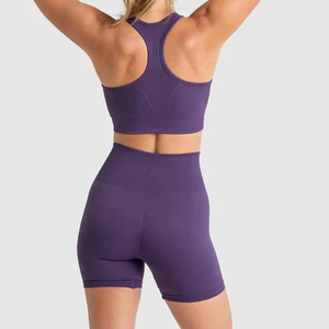 Sujetador deportivo morado acanalado de cuello alto para mujer, top de fitness con soporte, estilo deportivo de color liso - Product Image 2