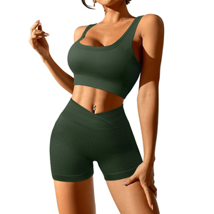 Women's Ribbed Sports Bra And Shorts <b>Set</b> Solid Green Breathable Yoga Wear Sporty Two Piece Activewear Spring Summer - Product Image 3