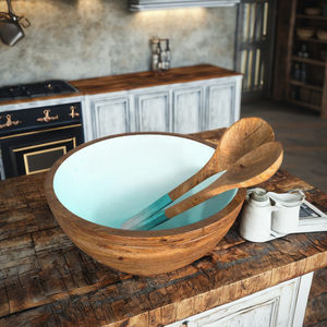 Ensemble de vaisselle de cuisine en bois de manguier naturel, petit bol à salade artisanal, écologique, imprimé et sculpté à la main, Aqua Ombre. - Product Image 2