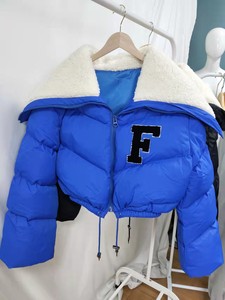 Blouson orange matelassé avec logo F, doublure en sherpa, fermeture éclair, longueur courte, manteau d'hiver décontracté unisexe, manches régulières - Product Image 3