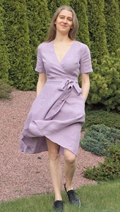 Nouvelle Arrivée Robe d'été formelle mi-longue en coton 100% col en V à manches courtes coupe trapèze, minimaliste, écologique, respirante et ample - Product Image 5