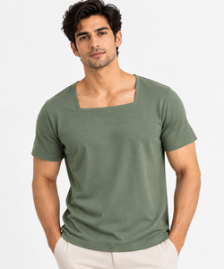 Men's <b>Olive</b> <b>Green</b> Round Neck Short Sleeve <b>T</b>-<b>Shirt</b> Regular Fit Front Logo Formal Nonwoven 100% Cotton Breathable Solid Color - Product Image 1