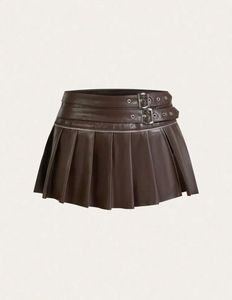 Fazmax – Mini-jupes plissées vintage respirantes en satin brodé et cuir véritable pour femme, taille naturelle, avec ceinture, couleur noire, grandes tailles - Product Image 2