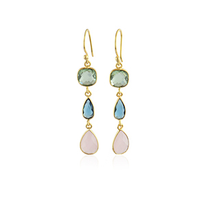 Designer pink chalcedony & quartz <b>hook</b> <b>earrings</b> handmade multiple shape bezel set gemstone drop dangle fashion briolette jewelry - Product Image 1