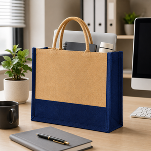 Eco-Friendly Jute Shopping <b>Bag</b> <b>Medium</b> <b>Size</b> Navy Blue Trim Rope Handle Custom Logo Grocery Tote - Product Image 4