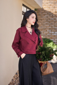 Women's <b>Burgundy</b> Cropped <b>Trench</b> <b>Coat</b> Double Breasted Cotton Twill Jacket Epaulettes Adjustable Cuff Casual Outerwear NORY - Product Image 3