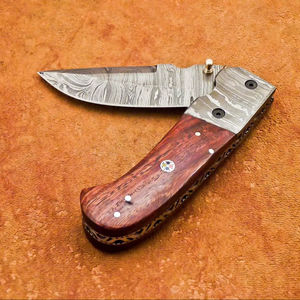 Damascus Steel <b>Folding</b> <b>Utility</b> <b>Knife</b> Rosewood Handle Vertical Carry Sheath Pocket EDC Hunting Camping Drop Point Support OeM - Product Image 6