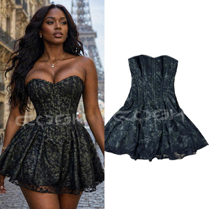 Sexy <b>Gothic</b> Corset <b>Dress</b> For Women | Olive Satin Black Floral Mesh Overlay Strapless Bustier Mini <b>Dress</b> For Clubwear & <b>Evening</b> - Product Image 5