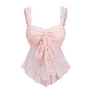 Women's Pink <b>Lace</b> Strapless Tank <b>Top</b> with Bow Front Breathable & Quick Dry Sweet Style Summer Casual Party Wear - Product Image 1