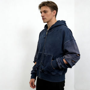 Sudadera con capucha extragrande para hombre OEM, azul marino, con cremallera, efecto desgastado, dobladillo sin rematar, bolsillos, forro polar, estilo casual urbano - Product Image 2