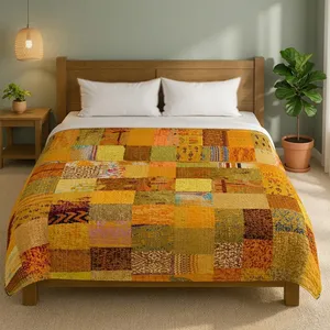 Multicolor Patchwork Sari <b>Throw</b> Blanket Handmade Silk Kantha <b>Bed</b> Cover - Product Image 1