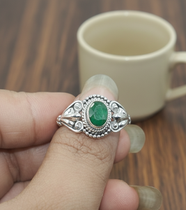 Natural <b>Emerald</b> 925 Sterling <b>Silver</b> Handmade Vintage Boho <b>Ring</b> Oval Cabochon Gemstone Floral Filigree Statement Jewelry for Men - Product Image 5
