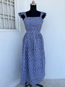 Open Back Square Collar Woven Cotton Breathable A-Line <b>Maxi</b> <b>Dress</b> <b>Flutter</b> <b>Sleeve</b> Summer Boho Floral Block Print Ruffle Strap - Product Image 2
