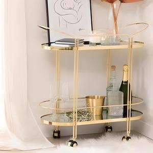 Carrito de Bar Contemporáneo con Acabado Dorado, Estructura de Hierro, Estantes de Vidrio, Carrito de Servicio con Ruedas para Decoración de Hogar, Bar, Cocina, Hotel - Product Image 6