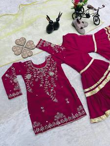 Kids Designer Pink Sharara Set with Heavy Embroidered <b>Kurti</b> – Girls Ethnic Wedding Party Wear Outfit - Product Image 5