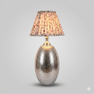Handmade Hammered Aluminum <b>Table</b> Lamp Vintage Brass Finish Decorative Metal Desk <b>Light</b> with Floral Pleated Fabric Shade - Product Image 1
