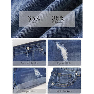 Smock <b>Waist</b> Distressed Denim Shorts Women <b>Elastic</b> Stretchy High Rise Ripped Raw Hem Summer Cozy <b>Jean</b> Bottoms - Product Image 5