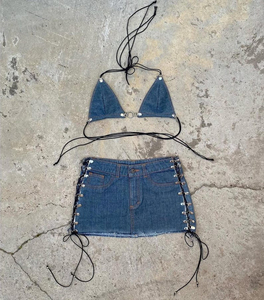 Ensemble jupe en jean pour femme, deux pièces, coton premium, denim délavé, marque privée, mode féminine sur mesure - Product Image 3