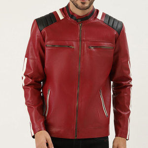 Men's <b>Red</b> PU Leather Moto <b>Jacket</b> Stand Collar Zipper Closure Regular Fit Solid Color Biker Style Autumn Wear - Product Image 1