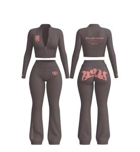 Women <b>Black</b> Full Sleeve Tracksuit Set Pink Letter Print <b>Turtleneck</b> Zipper Front Streetwear Skinny Fit Spring Spandex Polyester - Product Image 5