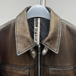 Chaqueta de Motociclista de Cuero Marrón para Hombre, Cuello Camisero, Cierre de Cremallera, Color Sólido, Corte Regular, para Otoño - Product Image 4