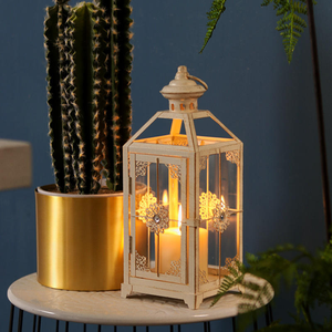 Farol Metálico Antiguo Decorativo Blanco para el Hogar, Faroles de Metal y Vidrio para Jardín Exterior e Interior - Product Image 5