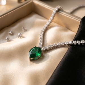 Pear Cut Emerald Drop V-Shaped Tennis Necklace with Lab Grown Diamonds 14K White Gold for Wedding - Product Image 4