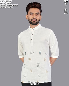 Kurta de Lino Blanco para Hombre, Corte Regular, Estilo Casual, Línea A, con Bordado, Estilo India Pakistán, Tallas M, L, XL, 2XL - Product Image 2