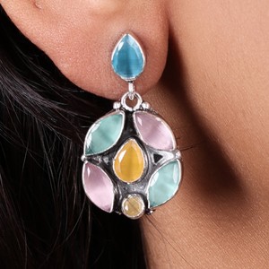 Wholesale Oxidized Silver Vintage Multi Gemstone <b>Sapphire</b> Flower <b>Drop</b> <b>Earrings</b> for Women | Party Occasion Indian Ethnic Jewelry - Product Image 1