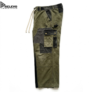 Pantalon cargo ample pour homme de haute qualité, taille élastiquée avec passants de ceinture, en toile de coton délavée olive et noir, patchwork à bords bruts, coupe large - Product Image 3
