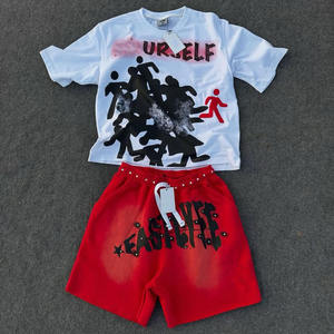Conjunto de Camiseta y Pantalones Cortos Estampados de Estilo Urbano para Hombre, Cuello Redondo, Diseño con Letras, Atuendo de Dos Piezas para Verano - Product Image 1