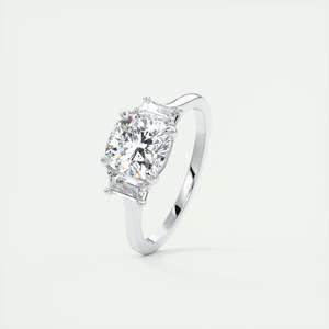 3.00 Ct <b>Cushion</b> Cut Lab Grown Diamond Three Stone Engagement Ring In 14K White Gold Trapezoid - Product Image 2