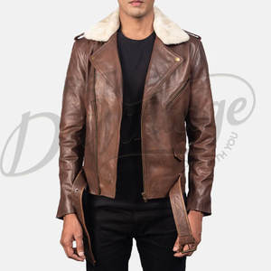 Chaqueta de Motociclista de Cuero Marrón para Hombre con Cuello de Piel de Oveja Blanca, Chaqueta de Motociclista Ajustada de Piel de Oveja Real con Cinturón para Invierno - Product Image 1
