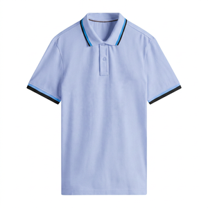 เสื้อโปโลแขนสั้นสีครีมสำหรับผู้ชาย คอเสื้อแต่งขอบสีน้ำเงิน ผ้าฝ้ายถักแบบลำลอง ระบายอากาศได้ดี ทรงปกติ - Product Image 2