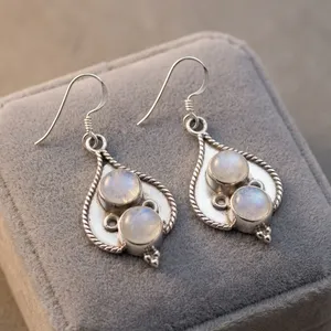 925 Sterling Silver Natural Rainbow Moonstone Handcrafted Gemstone Ethnic Indian Design <b>Earrings</b> - Product Image 4