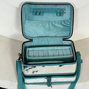 Sac de voyage cosmétique en cuir véritable fait main de qualité supérieure avec bandoulière, boîte à bijoux double étage en cuir de vachette à poils - Product Image 5