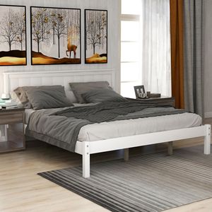 Letto matrimoniale in legno con piattaforma e testiera, supporto a doghe in legno, non necessita di rete a molle - Product Image 1