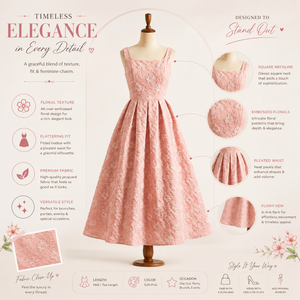 Elegante Vestido Midi Rosa con Estampado Floral Jacquard, Cuello Cuadrado, Sin Mangas, Corte en A, Vestido de Fiesta Vintage, Largo Té, Ropa de Moda para Mujer - Product Image 5