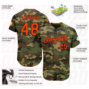 Maillot de baseball pour adultes, chemise boutonnée, vêtements d'équipe, maillot de baseball par sublimation, camouflage orange-noir, maillot de baseball authentique Salute. - Product Image 4