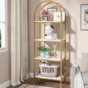 Étagère à livres arquée à 5 niveaux en bois d'acacia massif naturel de luxe avec cadre en métal doré pour la maison, le bureau, le salon, l'affichage et le rangement - Product Image 5