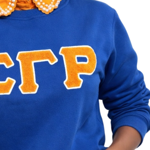 Sweat-shirt en chenille bleu Sigma Gamma Rho pour femme, broderie de lettres grecques, mélange de coton, manches longues, coupe décontractée et élégante - Product Image 5