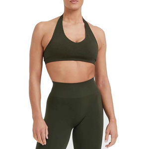 Women <b>Halter</b> <b>Neck</b> Sports <b>Bra</b> Solid Color Seamless Medium Support Yoga Fitness Wear Breathable Quick Dry Spandex Polyester - Product Image 1